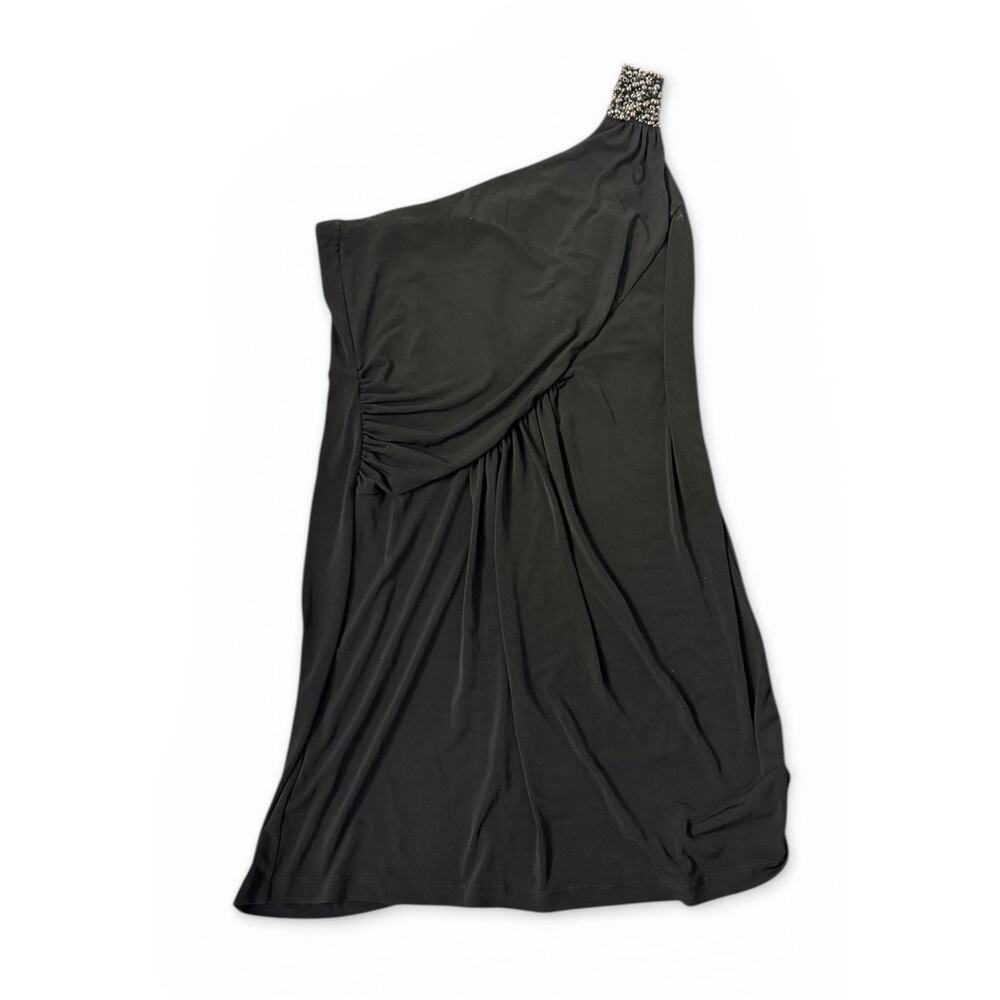Black One Shoulder Beaded Mini Dress Sleeveless US 14 Polyester Blend - Picture 3 of 5